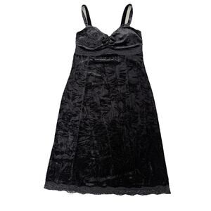 Y2K Crushed Velvet Bodycon Mini Dress Black Lace Trim Sz 2 Slip Dress 90’s Goth